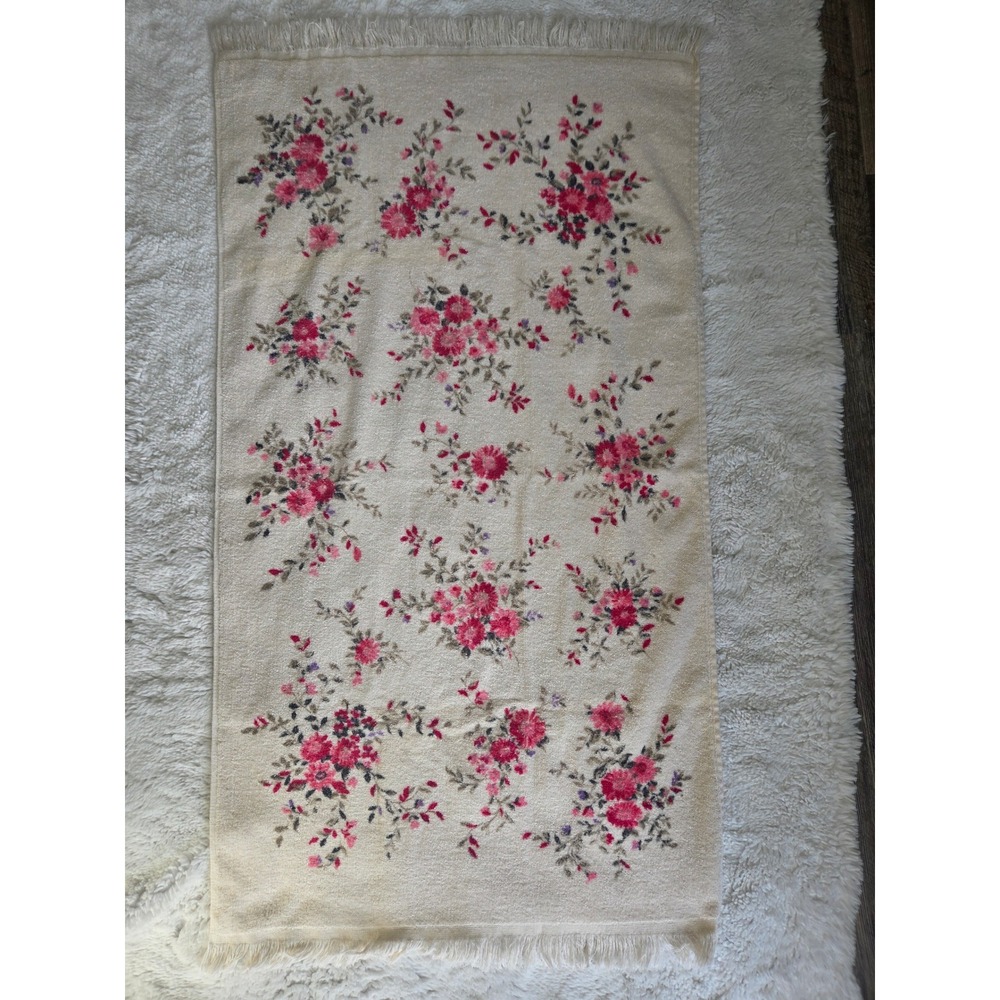 Vintage Floral Terry Hand Towel Pink Purple Cottagecore Fringe Edge 21x36